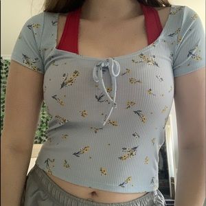 blue crop top with yellow flowers